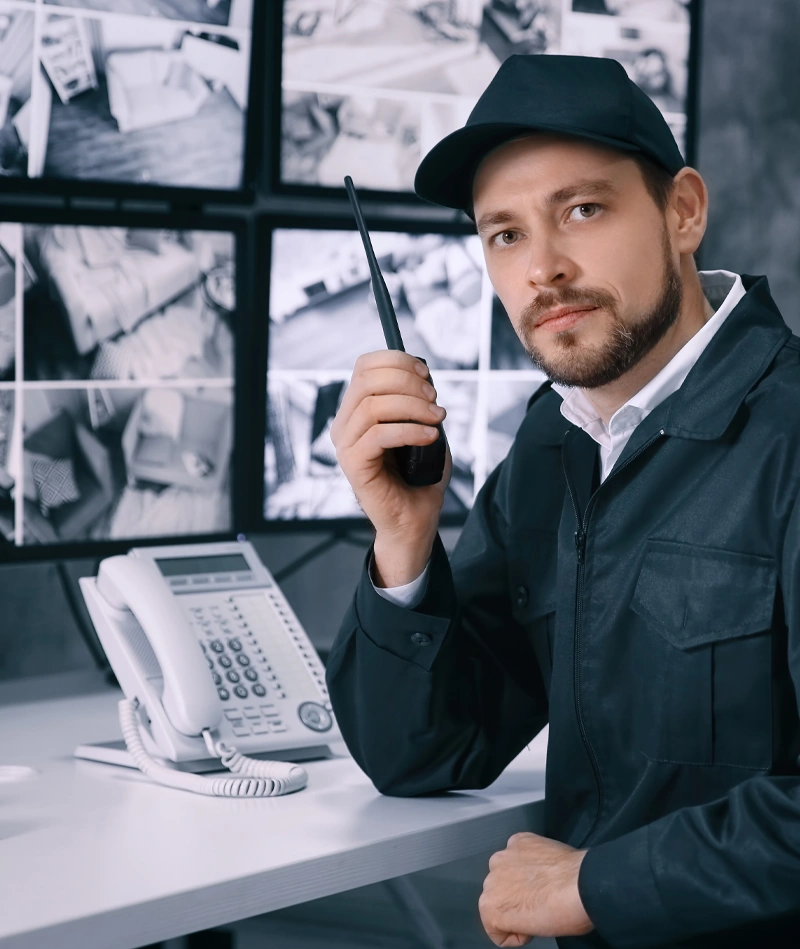 Sicherheitsmitarbeiter vor Monitoren einer Videoüberwachung